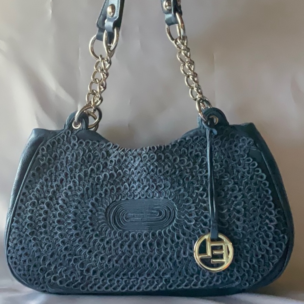 Elliot Lucca Blue  Leather Woven  Shoulder Bag